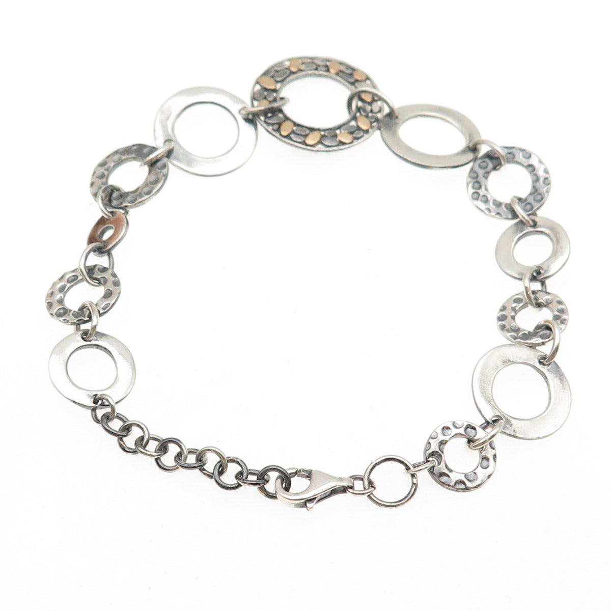 925 Sterling Silver 18K Gold Vintage Modernist Circle Link Bracelet 7.75-8.75"