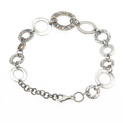 925 Sterling Silver 18K Gold Vintage Modernist Circle Link Bracelet 7.75-8.75"