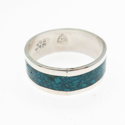 925 Sterling Silver Vintage Mexico Real Turquoise Inlay Band Ring Size 10.25