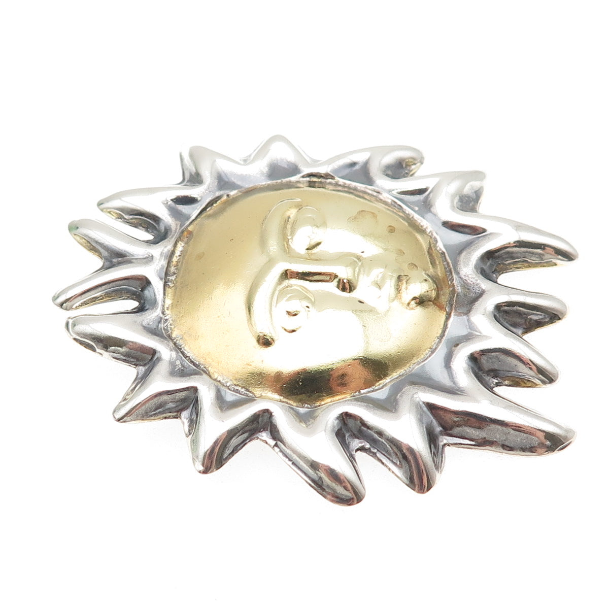 925 Sterling Silver 2-Tone Vintage Mexico Sun Face Pin Brooch