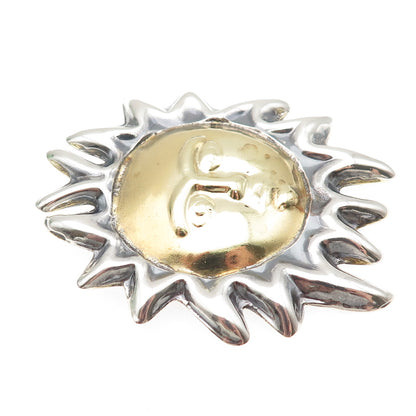 925 Sterling Silver 2-Tone Vintage Mexico Sun Face Pin Brooch