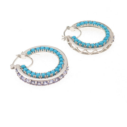Chuck Clemency 925 Sterling Silver Real Turquoise & Tanzanite Hoop Earrings