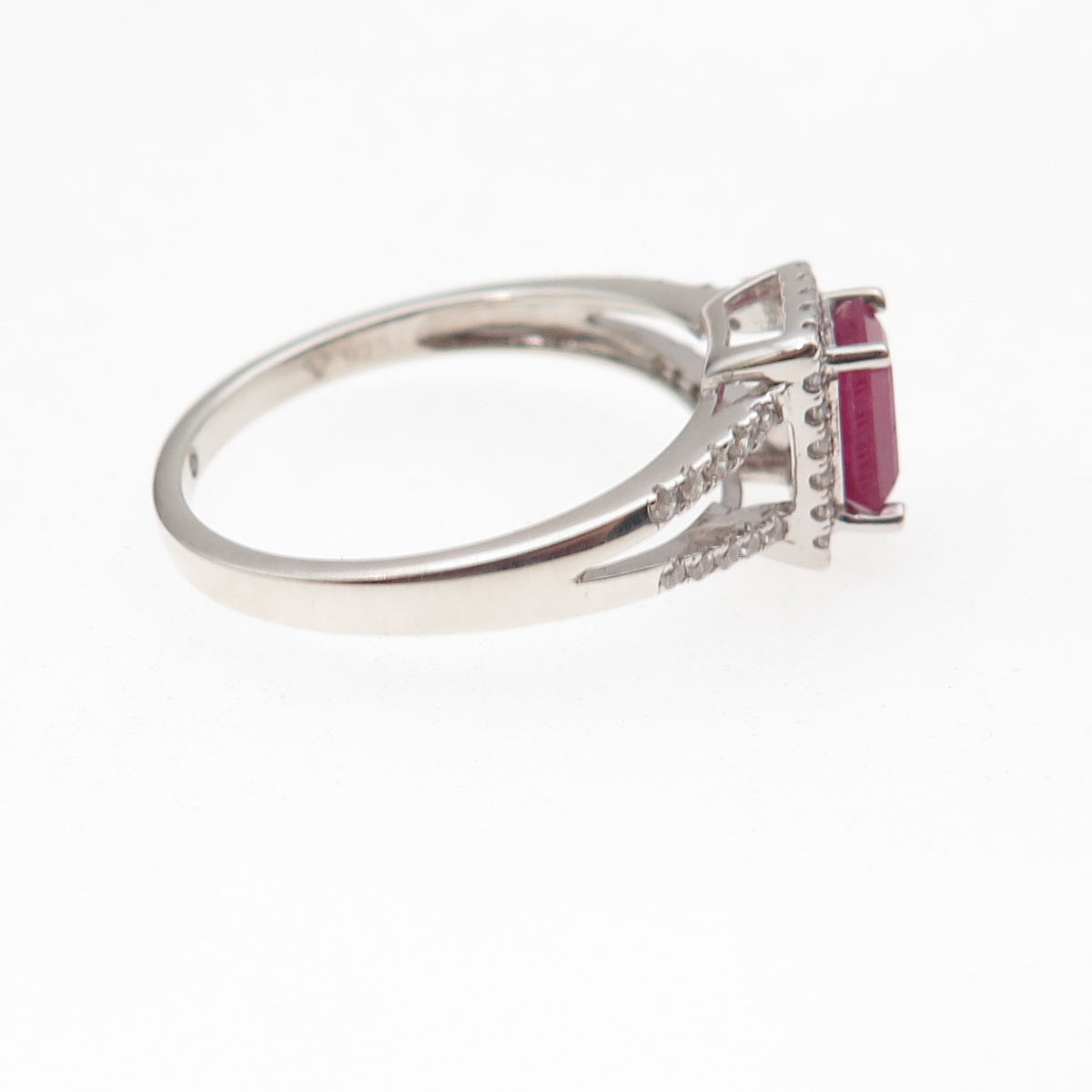 925 Sterling Silver Real Emerald-Cut Ruby & Round-Cut C Z Ring Size 9