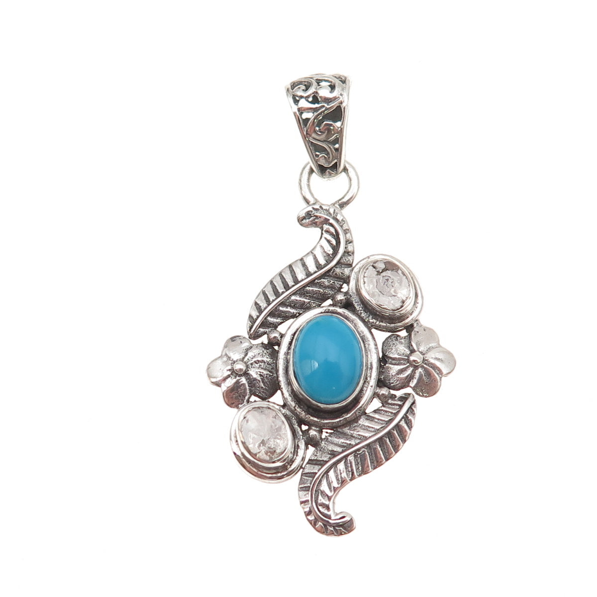 925 Sterling Silver Vintage Real Rose-Cut Diamond & Turquoise Floral Pendant