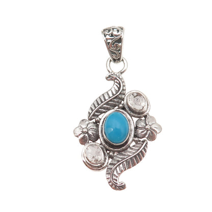 925 Sterling Silver Vintage Real Rose-Cut Diamond & Turquoise Floral Pendant