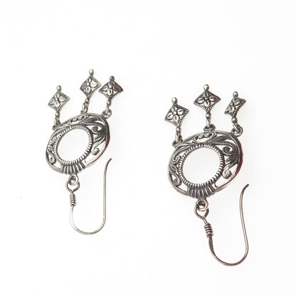 925 Sterling Silver Vintage Crescent Ornate Floral Oxidized Dangle Earrings