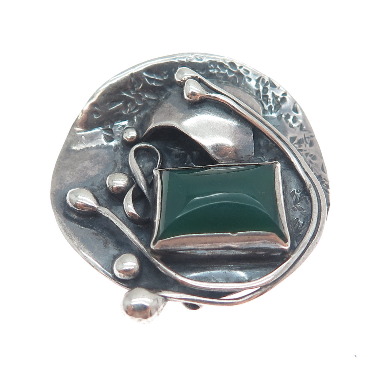 JM Joseph Masaniello Sterling Silver Vintage Real Green Onyx Leaf Brooch Pendant