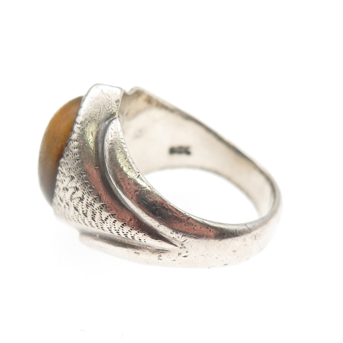 925 Sterling Silver Vintage Real Tiger Eye Modernist Oxidized Ring Size 8.5