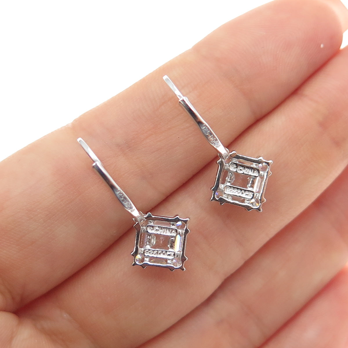 925 Sterling Silver Princess Emerald & Round-Cut C Z Dangle Earrings