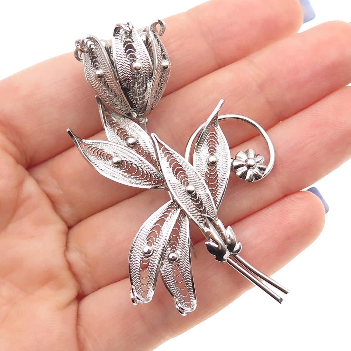SORRENTO 925 Sterling Silver Vintage Tulip Flower Filigree Pin Brooch