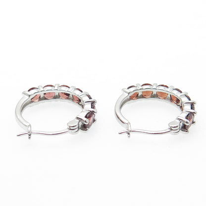 925 Sterling Silver Real Round-Cut Red Garnet Hoop Earrings