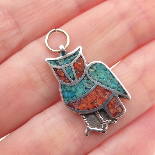 Old Pawn 925 Sterling Silver Vintage Turquoise & Coral Wise Tribal Charm Pendant