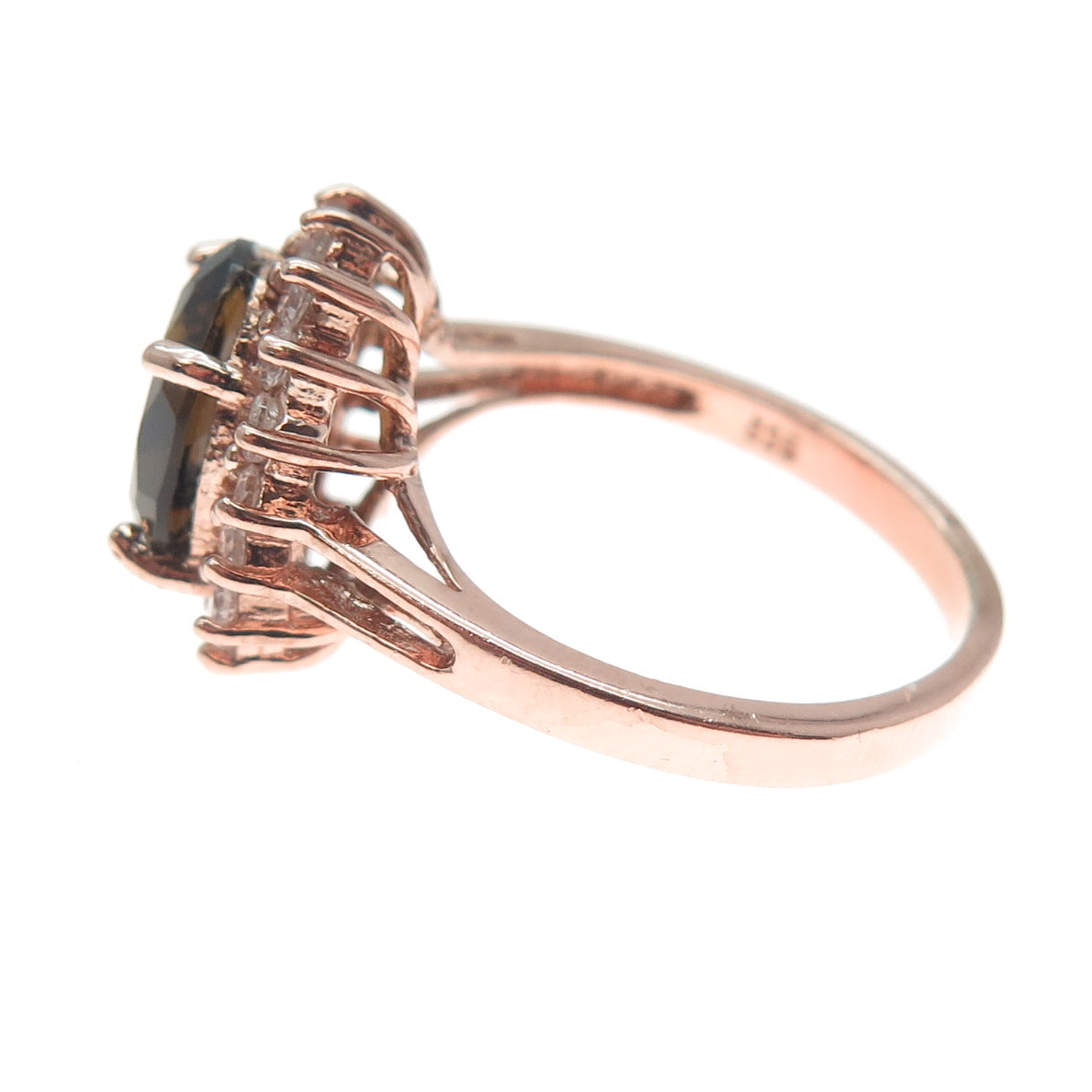 925 Sterling Silver Rose Gold Plated Real Smoky Quartz & C Z Ring Size 8.25
