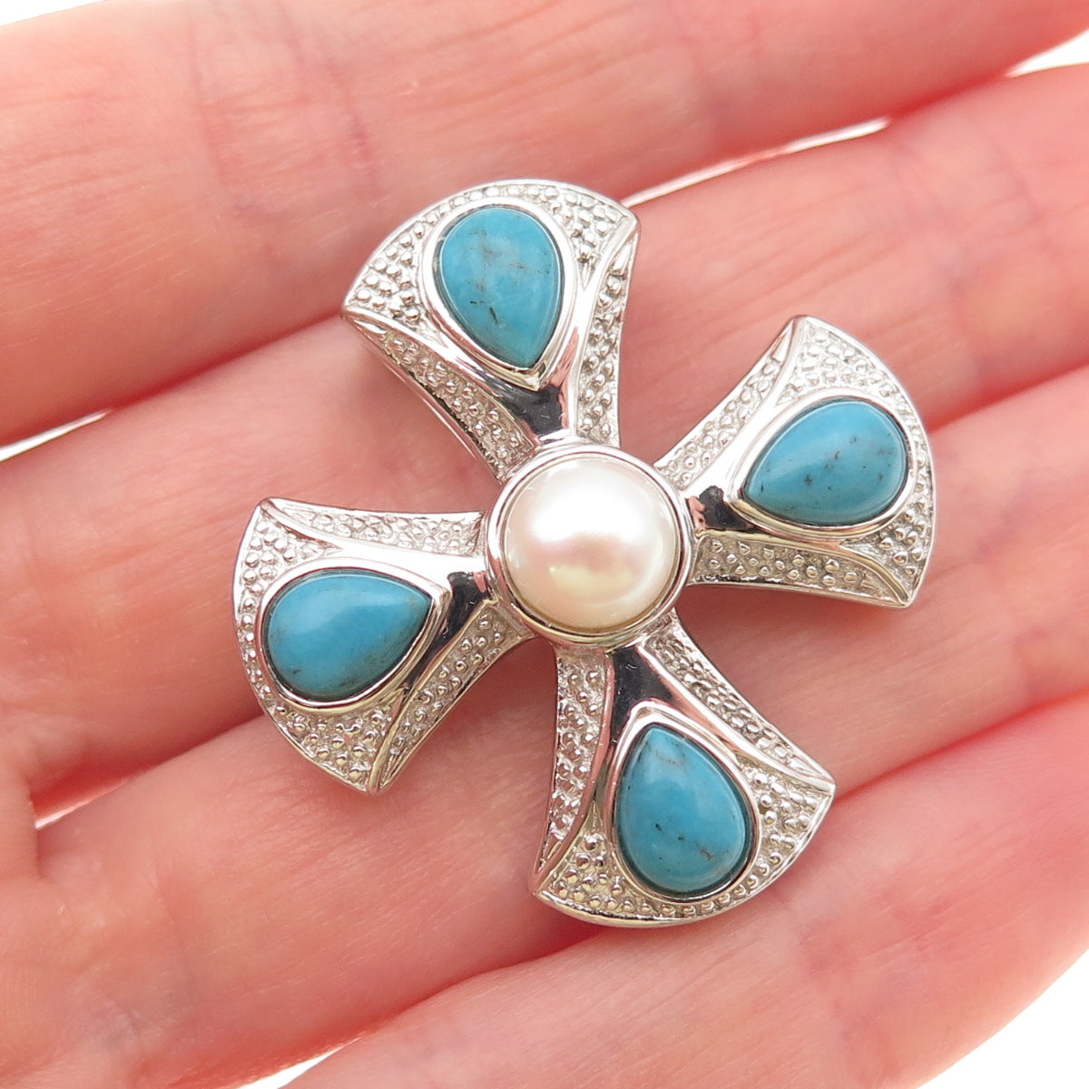 925 Sterling Silver Real Pearl & Turquoise Cross Slide Pendant