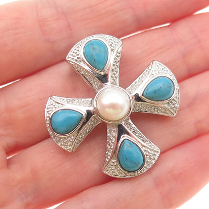 925 Sterling Silver Real Pearl & Turquoise Cross Slide Pendant