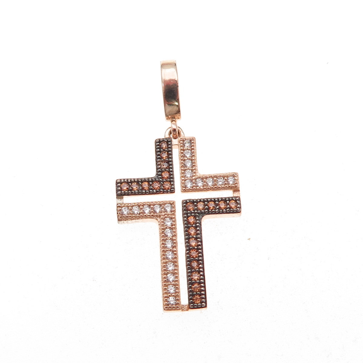 925 Sterling Silver Gold Plated Black Rhodium Cognac & White C Z Cross Pendant