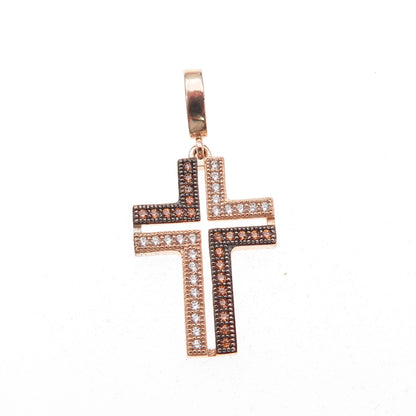 925 Sterling Silver Gold Plated Black Rhodium Cognac & White C Z Cross Pendant