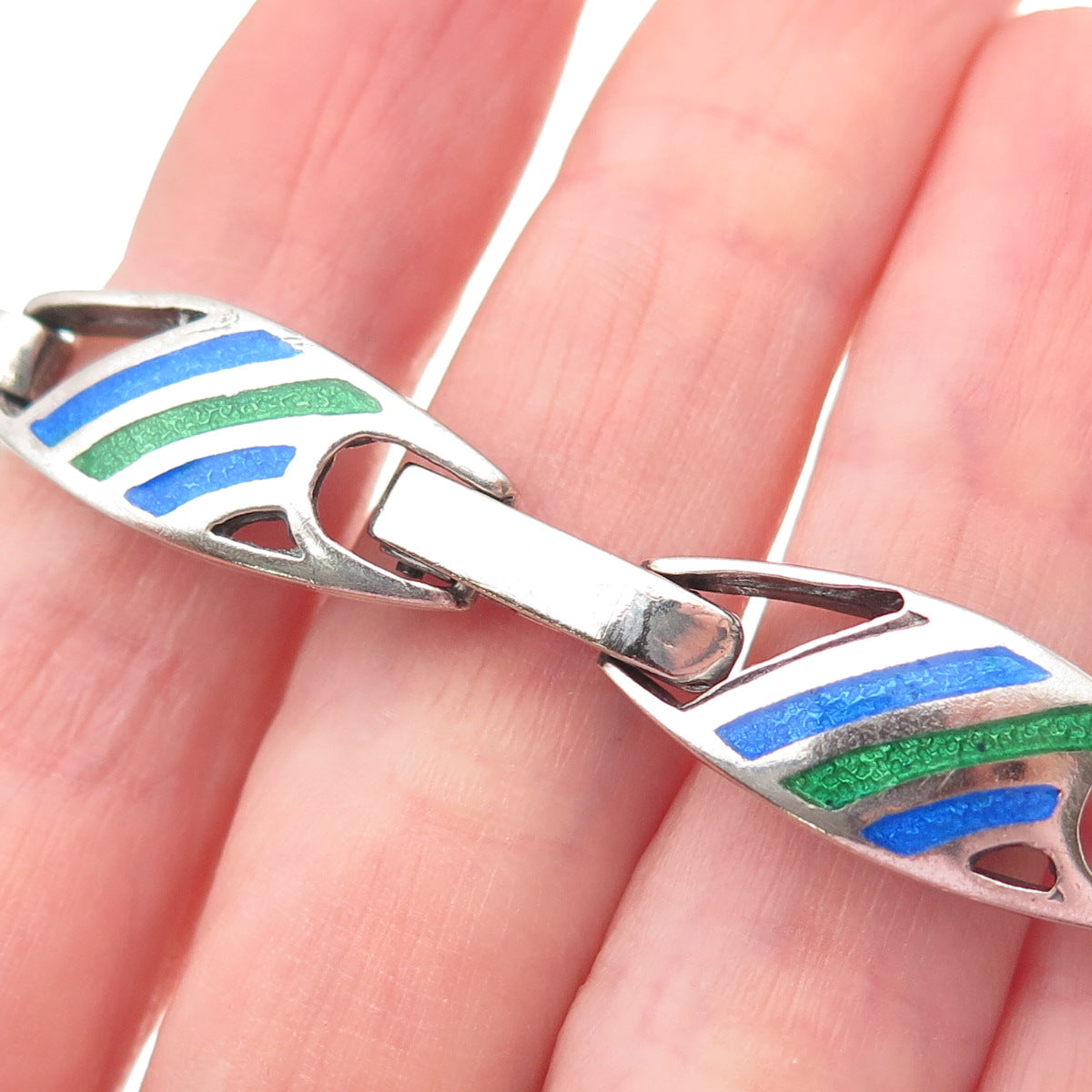 925 Sterling Silver Vintage Italy Enamel Modernist Panel Link Bracelet 7.25"