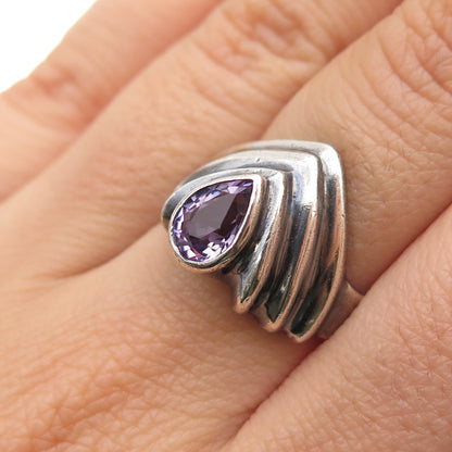 925 Sterling Silver Vintage Real Amethyst Modernist Oxidized Ring Size 7