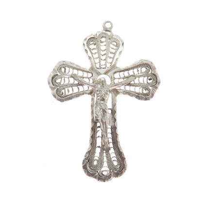 925 Sterling Silver Antique Art Deco Crucifix Cross Filigree Religious Pendant