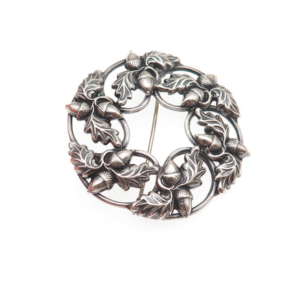 Danecraft 925 Sterling Silver Antique Art Deco Acorn Floral Oxidized Pin Brooch