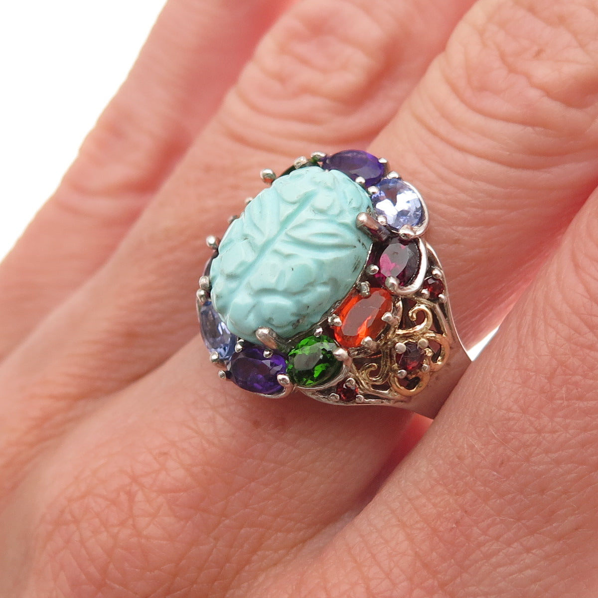 Chuck Clemency 925 Sterling Silver Real Multi-Color Gem Floral Ring Size 8.25