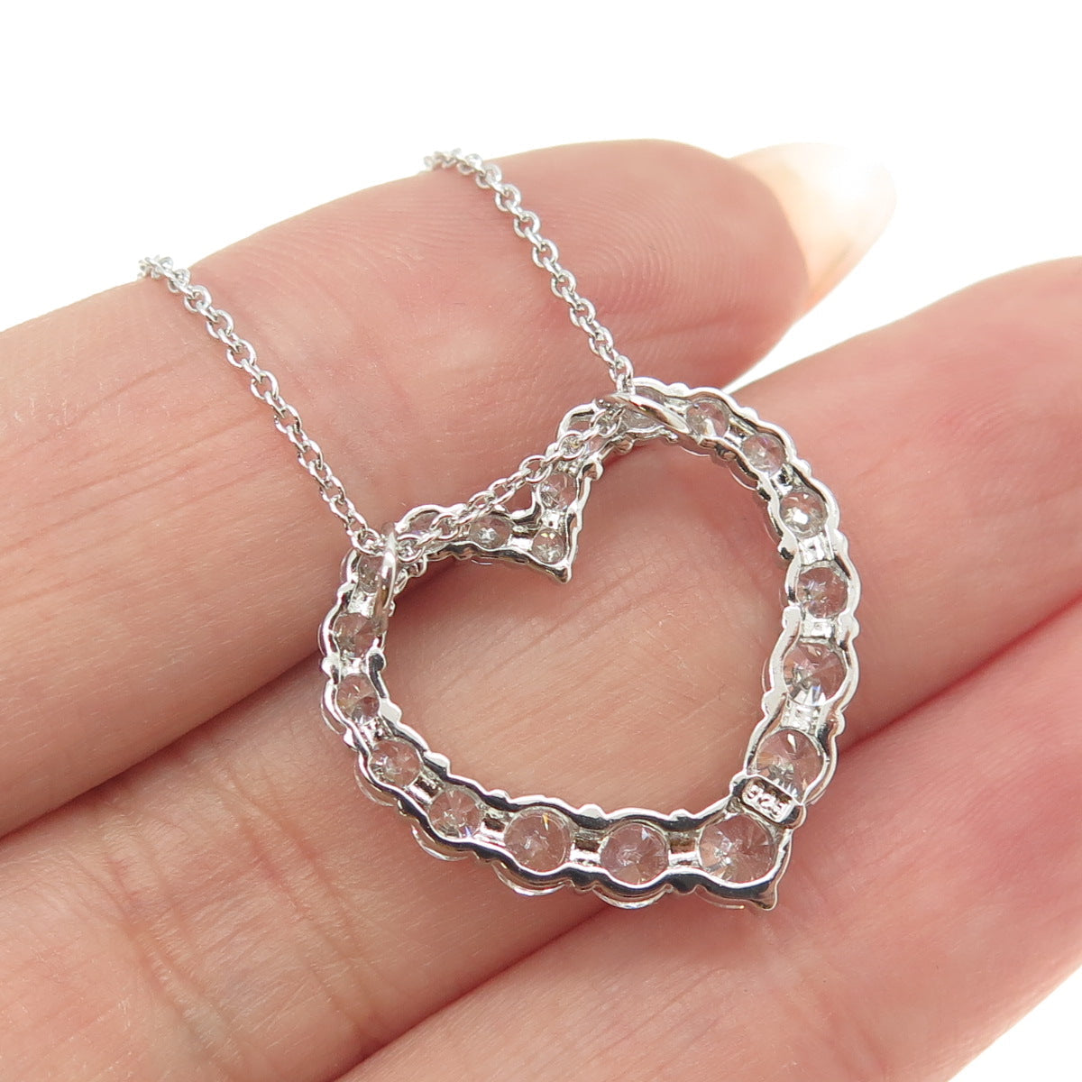 925 Sterling Silver Round-Cut Shaped C Z Open Heart Rolo Chain Necklace 16-18"