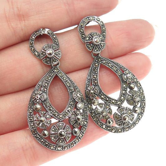 925 Sterling Silver Vintage Real Marcasite Floral Teardrop Earrings