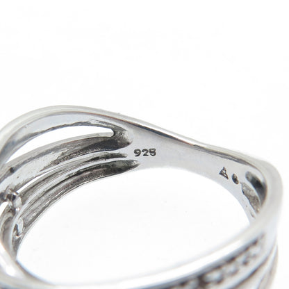 925 Sterling Silver Real Round-Cut Black & White Diamond Crisscross Ring Size 7