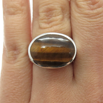 925 Sterling Silver Real Tiger Eye Gemstone Swirl Domed Ring Size 6