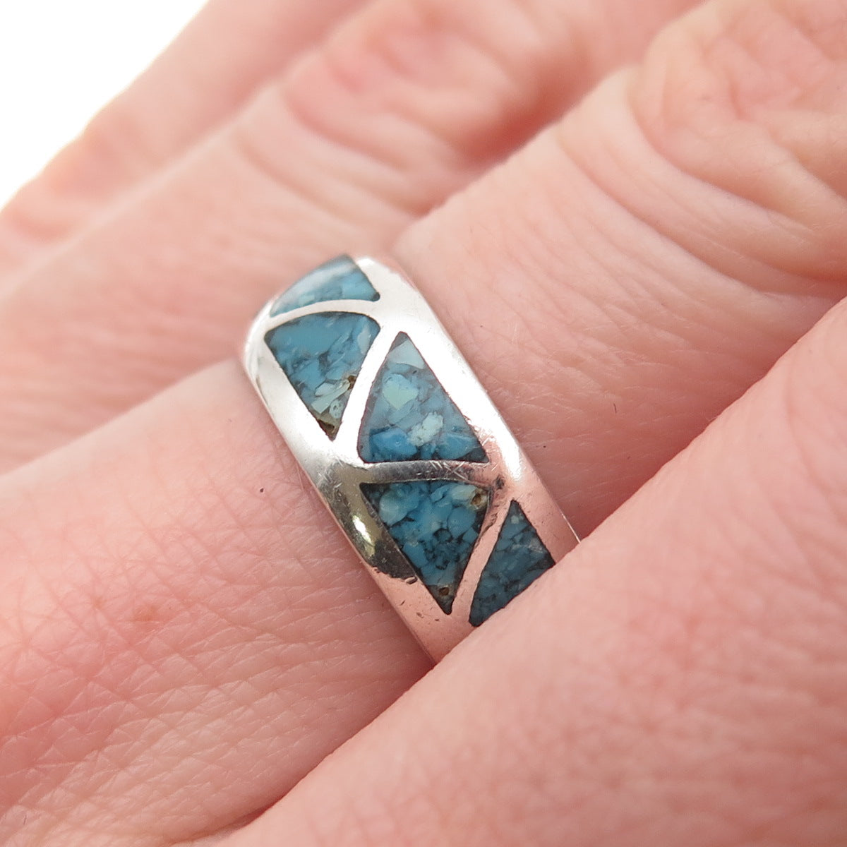 Old Pawn Sterling Silver Vintage Southwestern Turquoise Inlay Band Ring Size 7