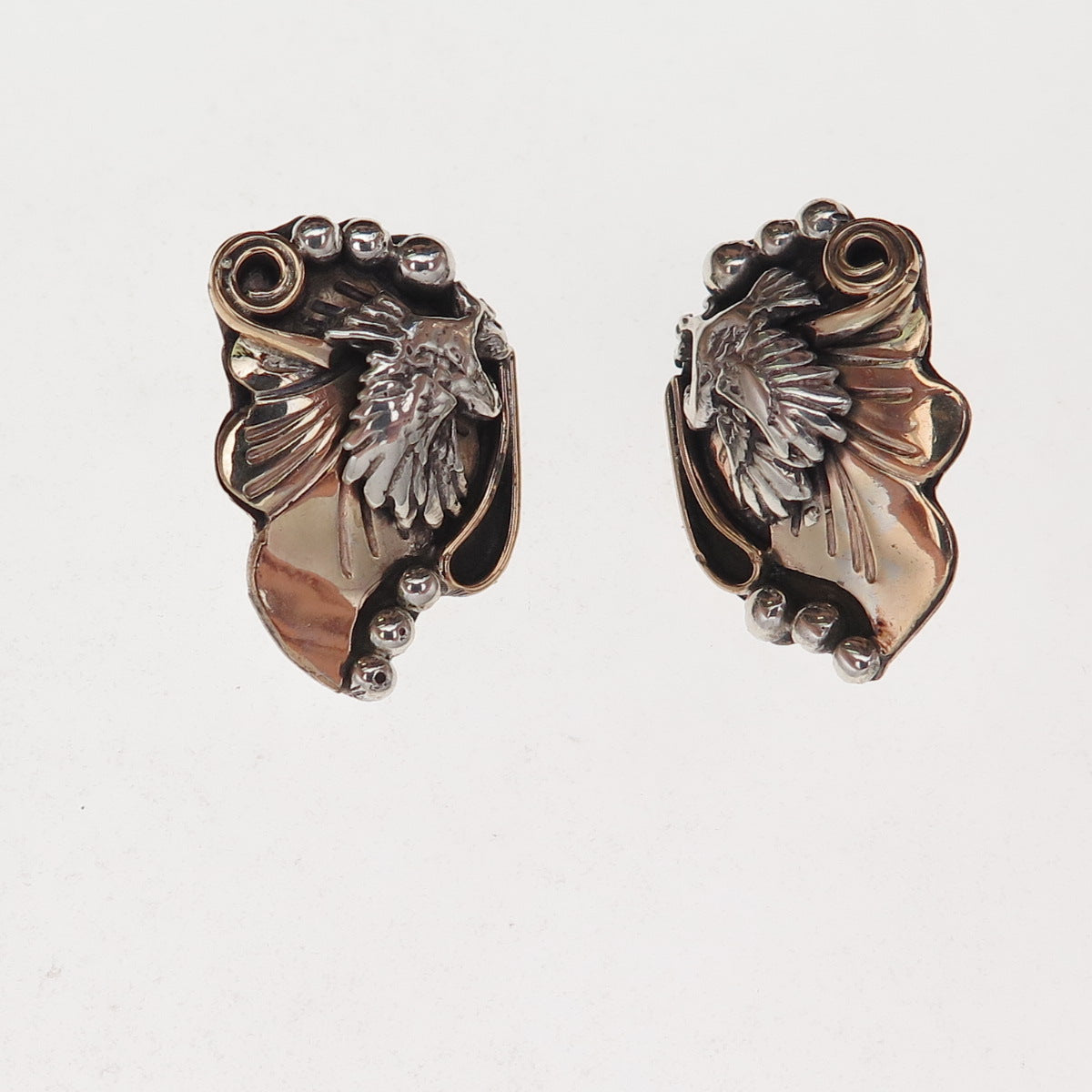 Harry B Yazzie Navajo Old Pawn Sterling 2-Tone Vintage Eagle Clip On Earrings