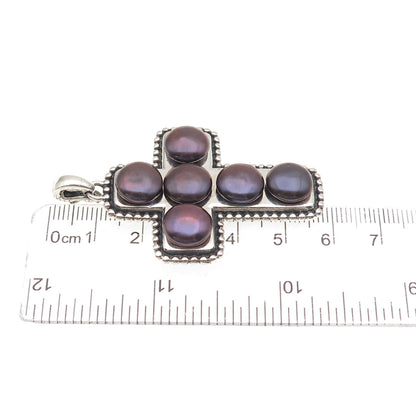 Honora 925 Sterling Silver Vintage Real Tahitian Pearl Cross Oxidized Pendant