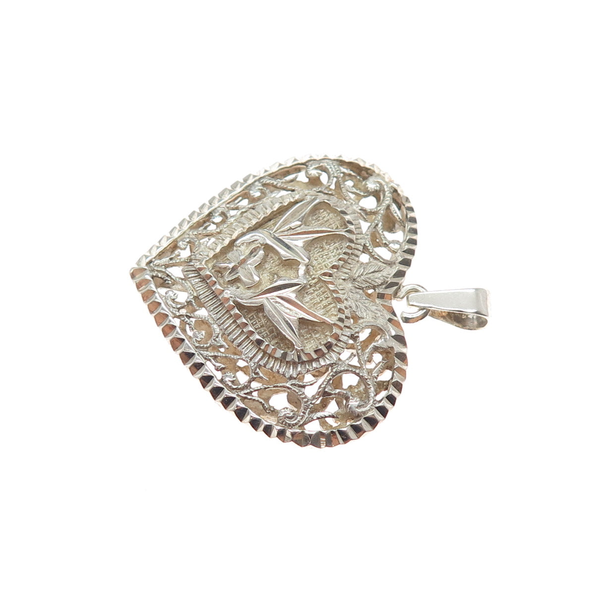 925 Sterling Silver Vintage Floral Heart Charm Pendant