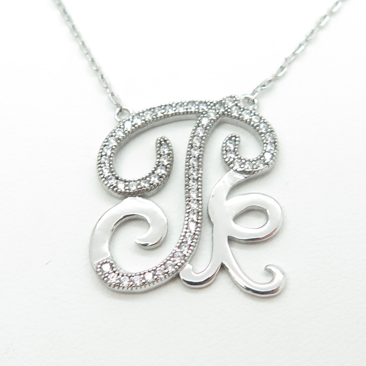 925 Sterling Silver Round-Cut C Z Letter "T" Ornate Cable Chain Necklace 16-18"