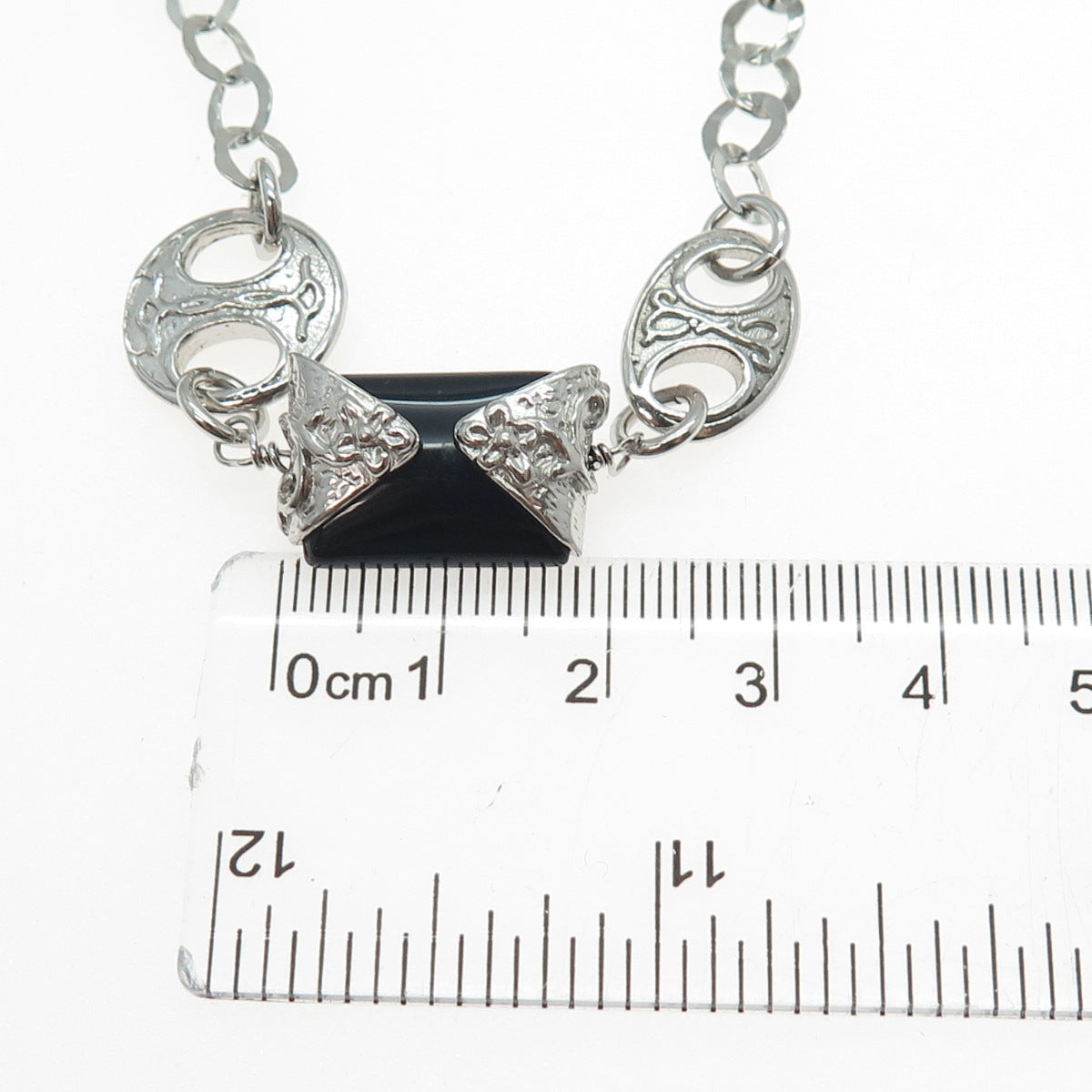 DOBBS Sterling Silver Vintage Italy Real Black Onyx Station Chain Necklace 20"