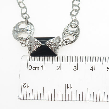 DOBBS Sterling Silver Vintage Italy Real Black Onyx Station Chain Necklace 20"