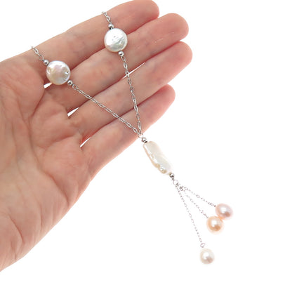 925 Sterling Silver Vintage Real Pearl Tassel Station Chain Necklace 16"