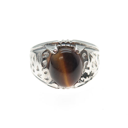 CLARK & COOMBS Sterling Silver Antique Art Deco Real Tiger Eye Ring Size 10.75