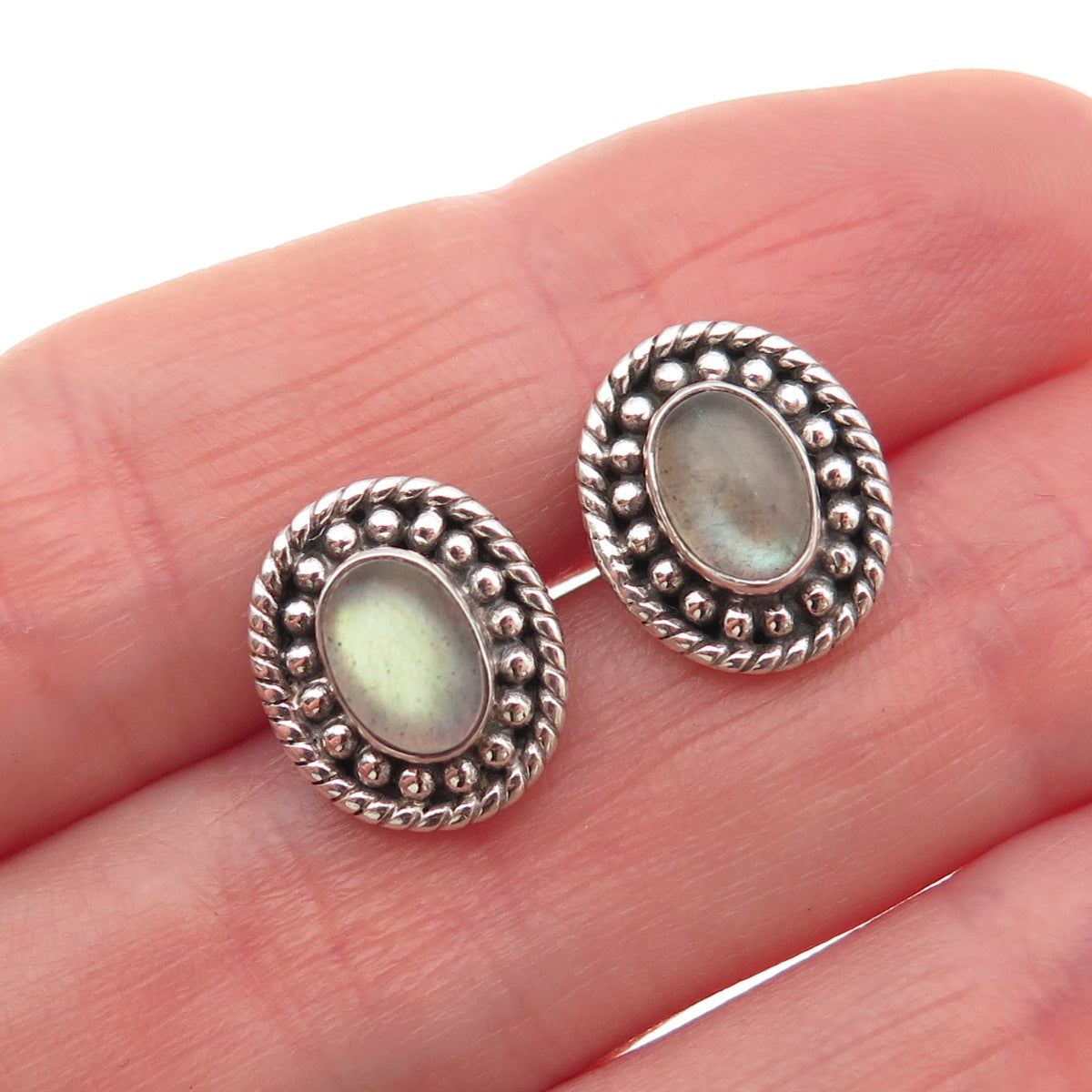 925 Sterling Silver Vintage Real Labradorite Oxidized Beaded Stud Earrings