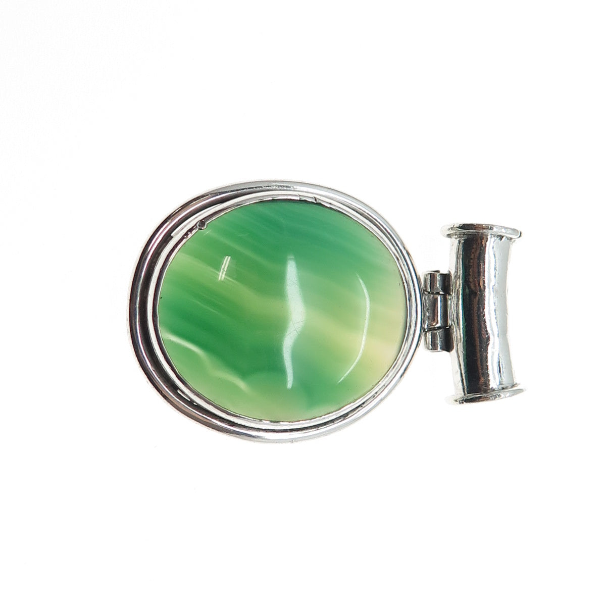 925 Sterling Silver Vintage Real Green Agate Modernist Oxidized Slide Pendant