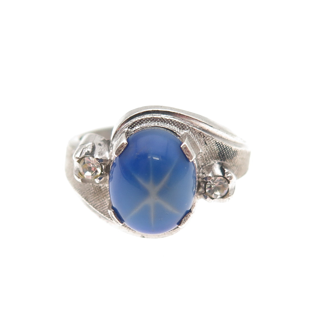 925 Sterling Silver Antique Art Deco Faux Star Sapphire & Rhinestone Ring Size 7