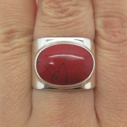 925 Sterling Silver Vintage HOB Mexico Real Red Turquoise Modernist Ring Size 7