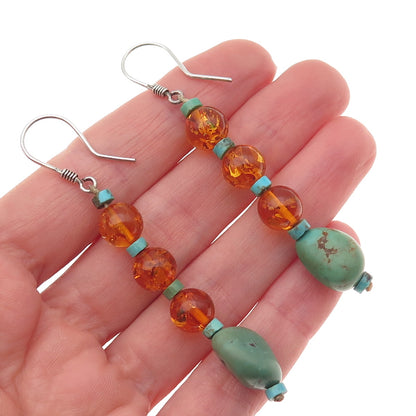 925 Sterling Silver Vintage Real Turquoise & Amber Beaded Dangle Earrings
