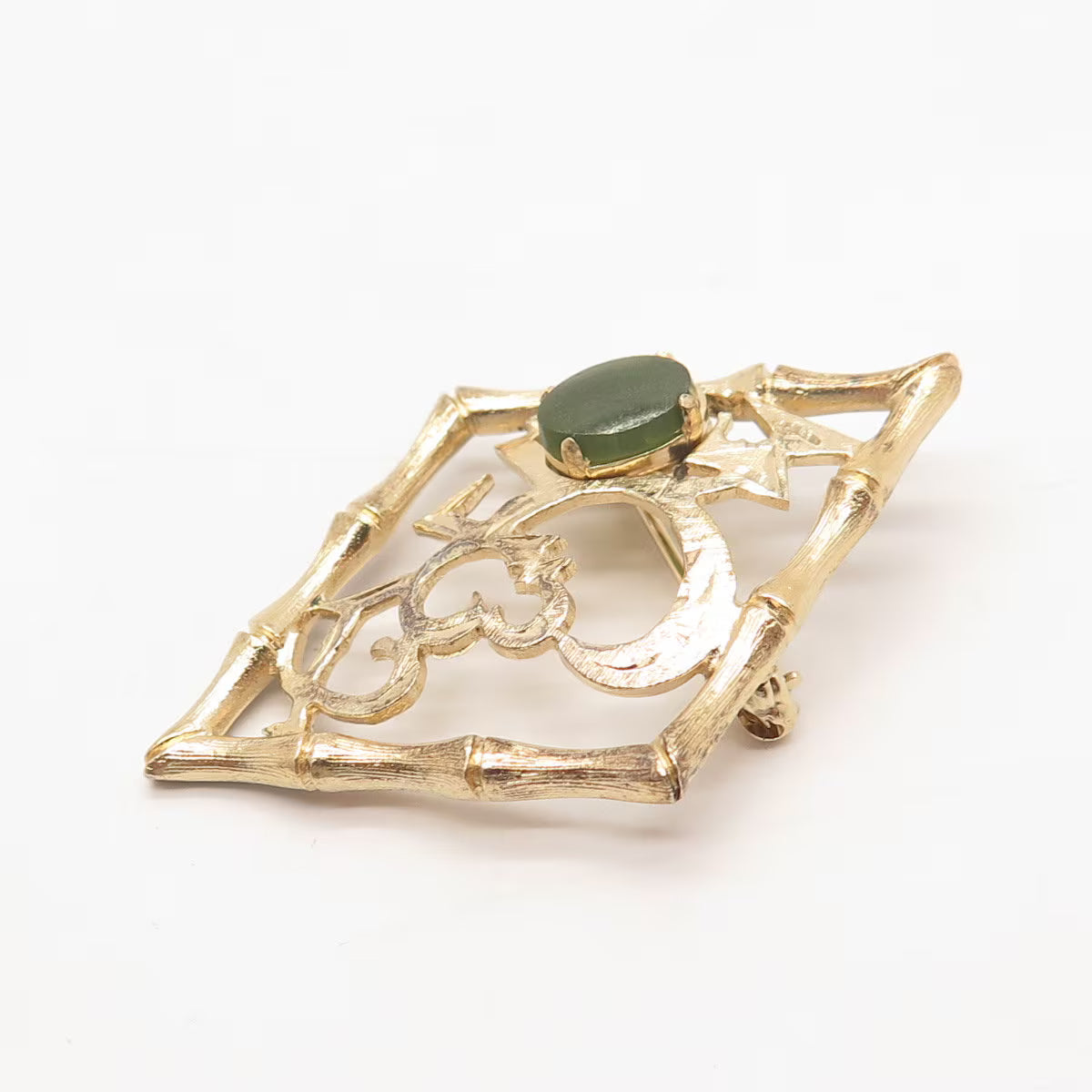 925 Sterling Silver Vintage Gold Plated Wells Real Jade Gem Ornate Pendant