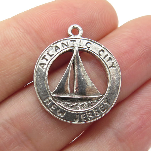 925 Sterling Silver Vintage Atlantic City New Jersey Sailboat Round Pendant