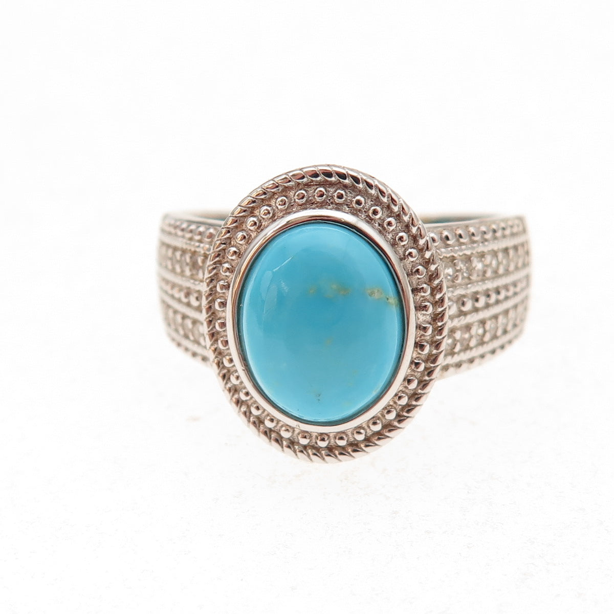 925 Sterling Silver Real Sleeping Beauty Turquoise & White Topaz Ring Size 8