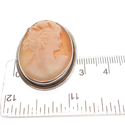 975 Silver 2-Tone Vintage Real MOP Carved Lady Cameo Pin Brooch / Pendant