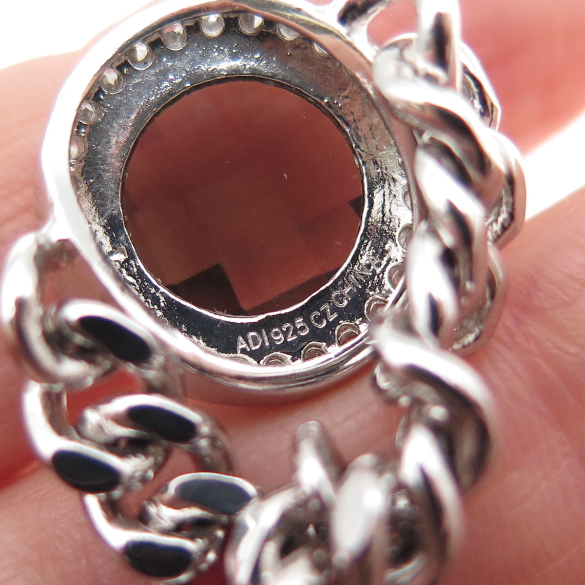 925 Sterling Silver Round-Cut Smoky & White C Z Cuban Chain Ring Size 7