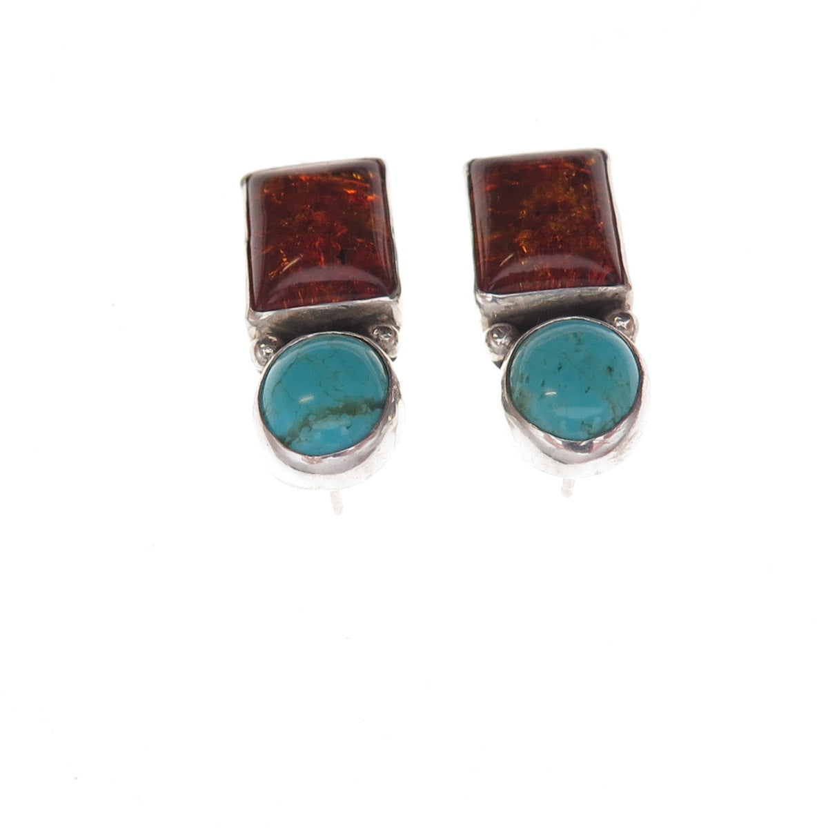 Old Pawn 925 Sterling Silver Vintage Southwestern Turquoise & Amber Earrings